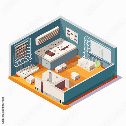 Isometric vector of a modern industrial workshop for HVAC system assembly, maintenance, and repair. Showcasing ventilation equipment production, installation, and essential components