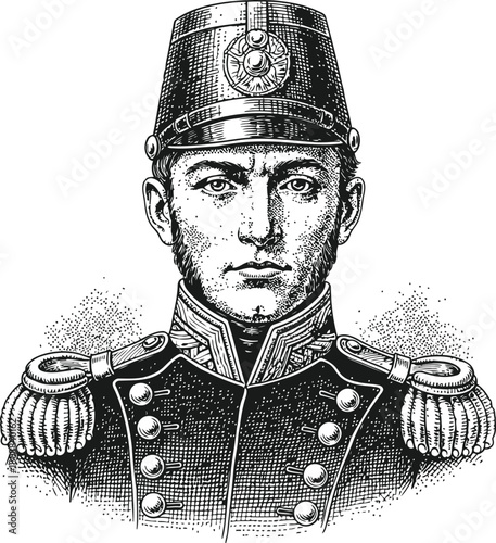 Historical military officer in a traditional uniform and fez hat isolated on black background