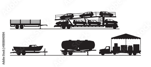 A set of black monochrome silhouettes depicting car trailers for cargo transport, viewed from the side in a vector flat style.