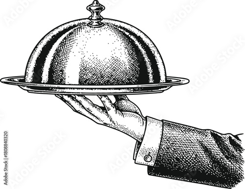 Hand holding a covered serving dish cloche for elegant catering and restaurant service