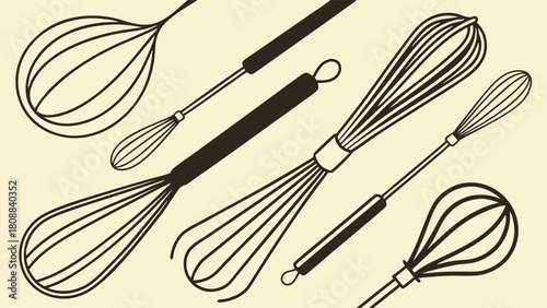 Line Art Illustration of Kitchen Whisks. Essential Baking and Cooking Tools for Recipe Preparation, Culinary Websites, Food Blogs, and Home Kitchen Decor.