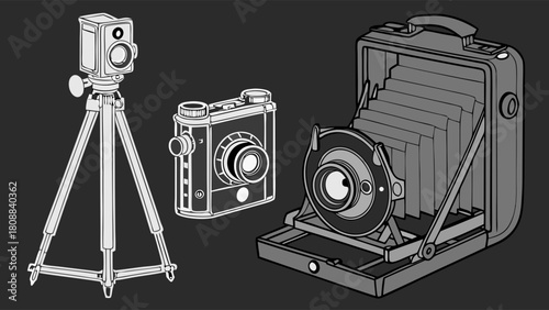 Vintage Photography Cameras Grayscale Illustration Set Retro Box and Folding Cameras with Tripod for Creative Design History