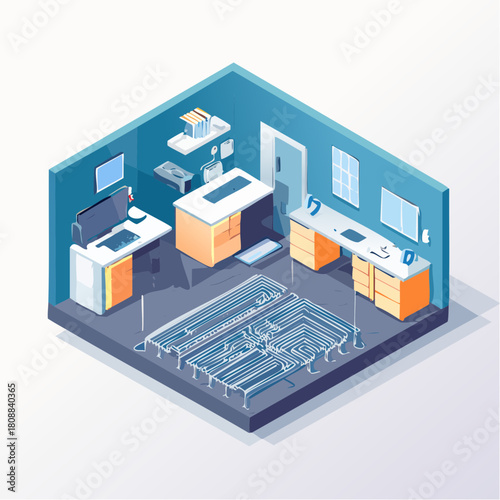 Advanced technological concept of an intelligent building control center showing an isometric office interior with a circuit floor for managing hvac and network data