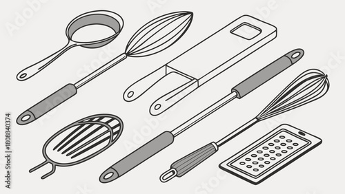 Essential Kitchen Utensils Isometric Line Art. Cooking and Baking Tools for Home Chefs, Food Blogs, and Kitchen Design. Modern Culinary Equipment.