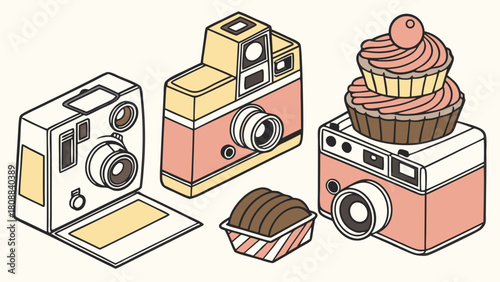 Charming Isometric Cameras and Sweet Treats for Creative Photography, Baking Blogs, and Social Media Marketing