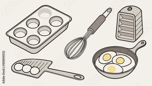 Isometric Kitchen Cooking and Baking Tools Set. Flat Design Utensils Illustration with Eggs for Food Blogs, Recipe Apps, and Home Cooking.
