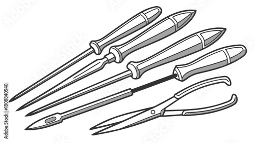 Essential Hand Tools for DIY Projects and Crafting. Workshop Equipment for Repair, Maintenance, and Precision Work. Black and White Line Art Illustration.