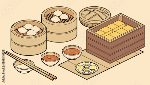 Delicious Traditional Asian Dim Sum Meal with Steamed Bao Buns, Dumplings, Tea, and Chopsticks. Isometric Illustration for Restaurant Menu Design and Food Blog Promotion.