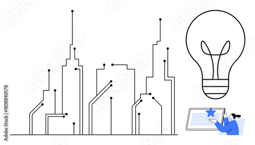 Abstract city skyline connected by circuits, oversized light bulb symbolizing innovation, and person interacting with tablet. Ideal for innovation, smart technology, urban planning, connectivity