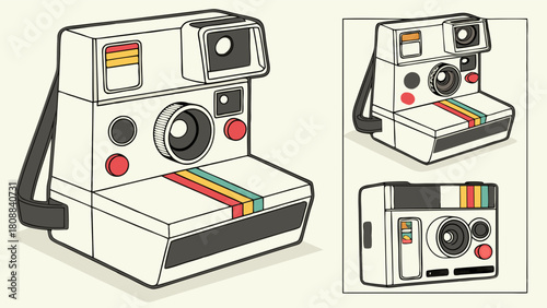 Retro Instant Camera Outline Illustration. Vintage Photography Design, Nostalgic Memories, Analog Tech, Creative Content, Social Media, Marketing.