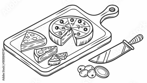 Isometric Line Art Pizza Slices on Wooden Cutting Board with Knife for Food Blog Recipe and Restaurant Menu
