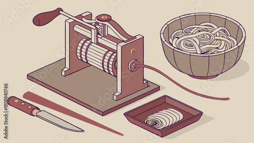 Isometric Illustration of Homemade Noodle Pasta Maker Machine with Fresh Dough, Kitchen Tools, and Bowl for Traditional Cooking and Recipe Blogs