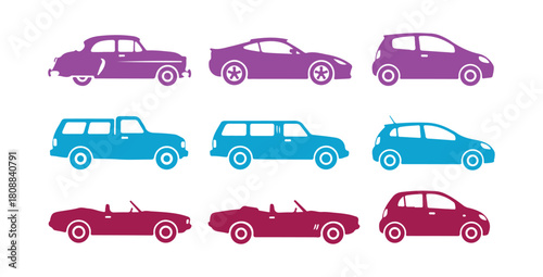 collection of vibrant car icons, vector graphic

