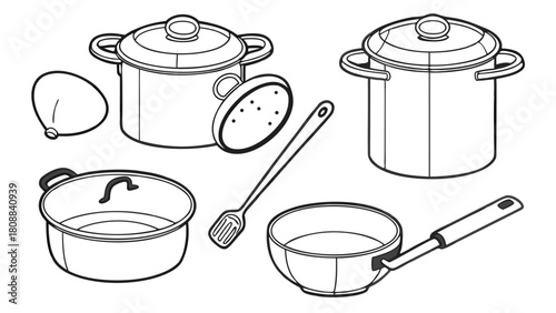 Kitchen Cookware and Utensils Outline Vector Set. Pots, Pans, Ladle, Colander for Recipe Blogs, Culinary Websites, Food Preparation, Home Cooking Design.