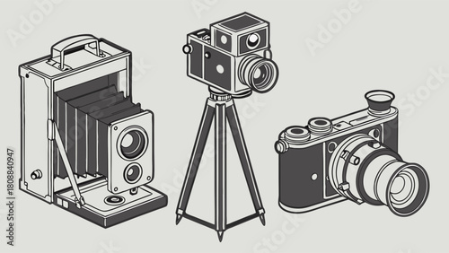 Vintage Cameras Isometric Illustration Classic Photography Equipment Retro Design Element for Creative Projects Photography History and Nostalgic Web Design