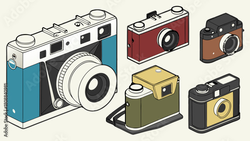 Isometric Vector Illustration Set of Classic Vintage Film Cameras for Retro Photography Design and Creative Marketing