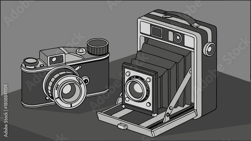Old Film Cameras Grayscale Illustration Retro Photography Equipment Nostalgic Classic Design History Hobby Collectibles Technology