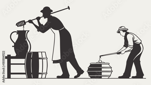 Traditional Artisanal Honey Production Workers Pouring into Barrels Vintage Craftsmanship Quality Food Industry