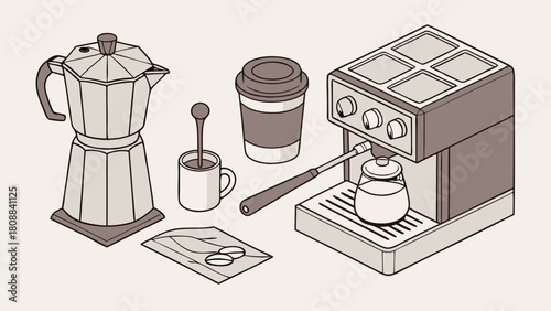 Isometric Coffee Making Equipment for Cafe Web Design Home Barista Tools Morning Brew Essentials Minimalist Line Art Illustration