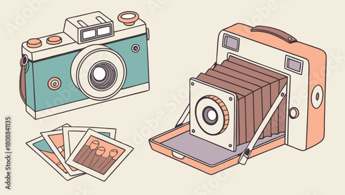 Vintage Cameras and Stack of Printed Photos Illustration for Nostalgic Photography Hobbies and Creative Memory Keeping Design
