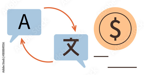 Two speech bubbles with alphabet and character connected by arrows, next to dollar sign. Ideal for translation, global communication, currency exchange, international trade, cultural exchange