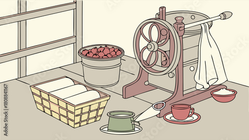 Vintage Fruit Press and Fresh Produce in Rustic Kitchen. Perfect for Homemade Juice, Artisanal Food Crafting, and Healthy Living.