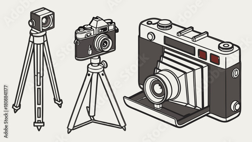 Classic Vintage Photography Cameras Tripods and Folding Camera Retro Equipment Illustration for Creative Projects and Nostalgic Design
