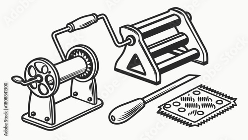 Vintage Textile Craft Tools Illustration with Wool Winder Carder and Comb for Traditional Fiber Processing and Handmade Yarn Spinning