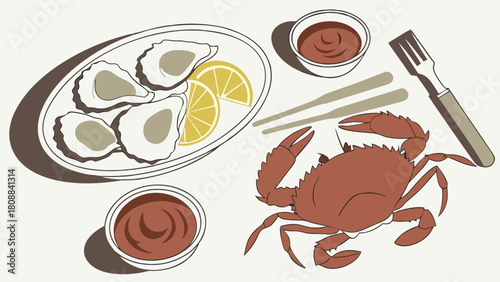 Gourmet Seafood Platter with Fresh Oysters, Whole Crab, Lemon, and Sauces. Ideal for Restaurant Menus, Culinary Blogs, and Healthy Eating