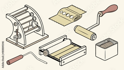 Homemade Pasta Making Tools Isometric Illustration. Traditional Italian Culinary Equipment for Fresh Dough, Rolling, and Drying Rack for Authentic Food Preparation.