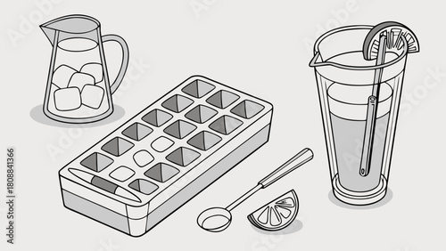 Refreshing Summer Drink Making with Ice Cubes Pitcher Glass and Lemon Slice Line Art