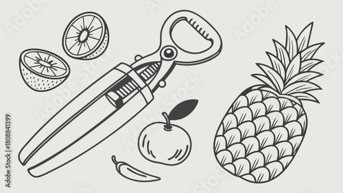 Fresh Pineapple Kiwi Apple Chili and Fruit Peeler Kitchen Tool Line Art. Healthy Food Preparation for Recipe Blogs and Cooking Content.