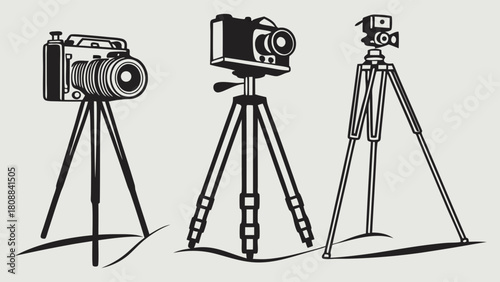 Vintage Cameras on Tripods Vector Illustration. Classic Photography and Videography Equipment for Professional Media Production and Content Creation.