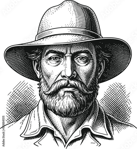 Mature man wearing a hat with a beard and mustache in a serious monochrome portrait