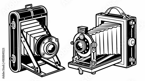 Vintage Folding Cameras Black and White Illustration Classic Photography Equipment for Retro Design Nostalgia and Creative Art