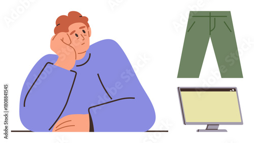 Thoughtful individual leaning at a desk, green pants, and computer monitor. Ideal for decision-making, problem-solving, casual work, creativity, digital work, motivation simple flat metaphor