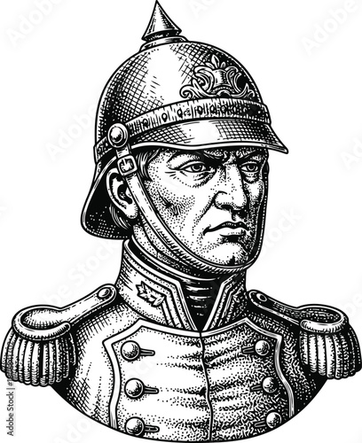 Military soldier bust in silhouette wearing a spiked helmet against a solid black background