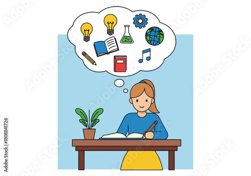 A young woman is sitting at a desk, writing while imagining various academic and creative ideas.