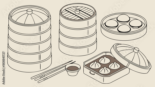 Authentic Chinese Dim Sum Steamers and Delicious Dumplings. Isometric Line Art for Restaurant Menus, Culinary Blogs, and Asian Food Promotion.