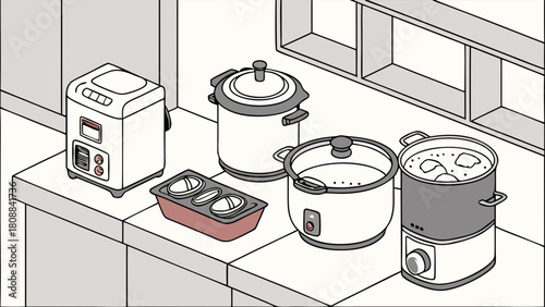 Isometric Kitchen Counter with Modern Cooking Appliances Rice Cookers Steamer Pots for Home Meal Preparation
