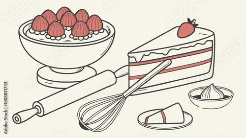 Strawberry Cake Slice Baking Ingredients and Kitchen Tools Outline Illustration for Delicious Dessert Recipes Food Blogs and Bakery Promotions