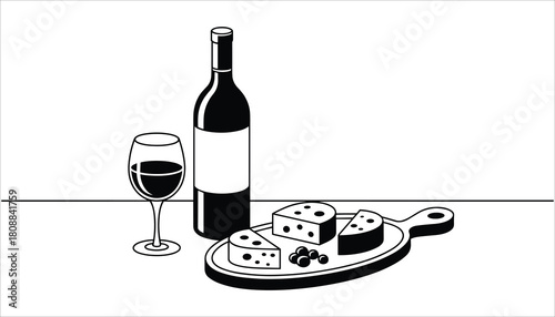 Black and white illustration of a wine bottle and glass with cheese and grapes on a cutting board wine glass