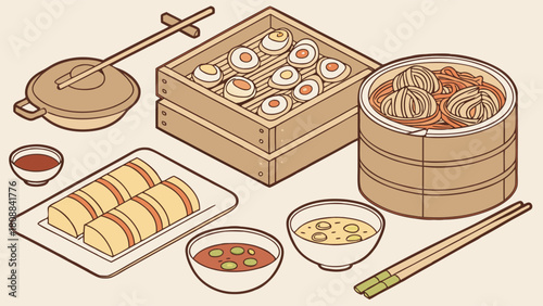 Isometric Traditional Chinese Dim Sum Meal Illustration with Steamed Dumplings and Rice Rolls. Authentic Asian Food for Restaurant Menu and Web Design.
