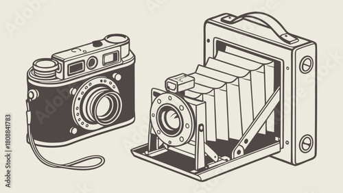 Line Art Vintage Photography Cameras. Classic Retro Photo Equipment for Nostalgia, Hobby, and Creative Design.