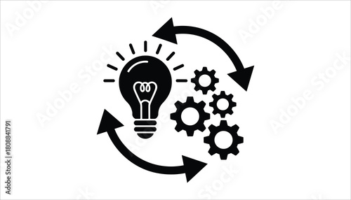 Black light bulb with glowing filament surrounded by gears and circular arrows on white background idea