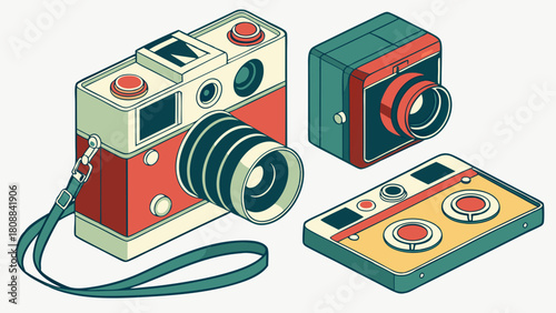Iconic Isometric Retro Photography Cameras and Audio Cassette Tape for Vintage Media and Creative Marketing Design