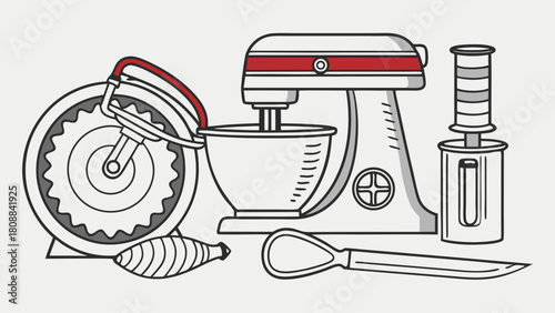 Baking and Cooking Kitchen Tools Line Art Illustration. Stand Mixer, Pasta Maker, Pastry Bag for Homemade Recipes, Creative Culinary Projects.