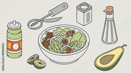 Fresh Healthy Salad and Ingredients Isometric Illustration for Cooking Recipes Food Blog and Wellness Web Design