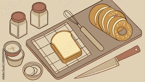 Cozy Isometric Breakfast Preparation with Sliced Bread Bagel Butter and Kitchen Tools for Recipe Blogs and Home Cooking Websites