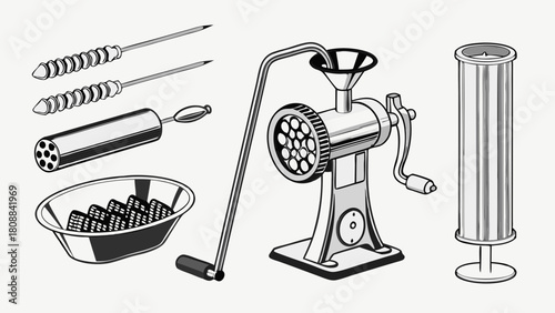 Manual Meat Grinder and Sausage Making Tools Illustration. Preparing Homemade Sausages, Traditional Food Craft, Kitchen Equipment for Culinary Projects